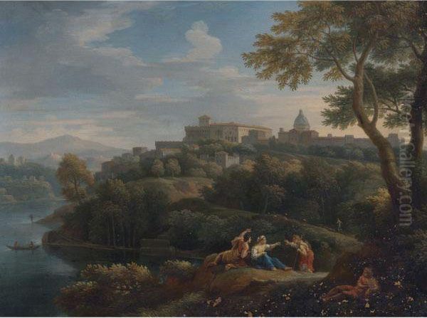 Figures With A Town In Lazio, Probably Ariccia, Beyond Oil Painting by Jan Frans Van Bloemen (Orizzonte)