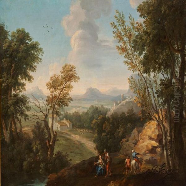 A Pair Of Pastoral Landscapes With Figures Oil Painting by Jan Frans Van Bloemen (Orizzonte)