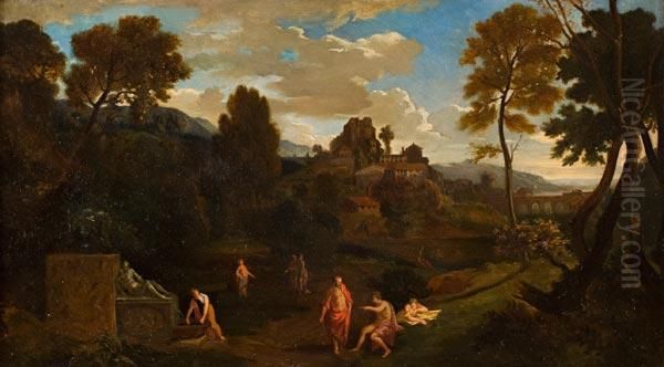 Paesaggio Con Borgo, Rovine E Figure Presso Una Fontana Oil Painting by Jan Frans Van Bloemen (Orizzonte)