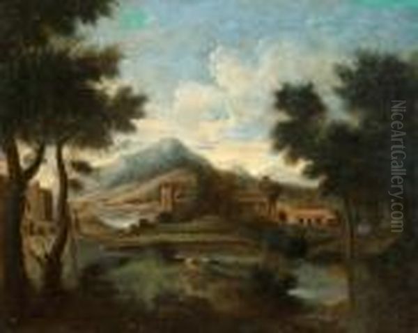 Paesaggio Fluviale Con Casolari E Figure Oil Painting by Jan Frans Van Bloemen (Orizzonte)