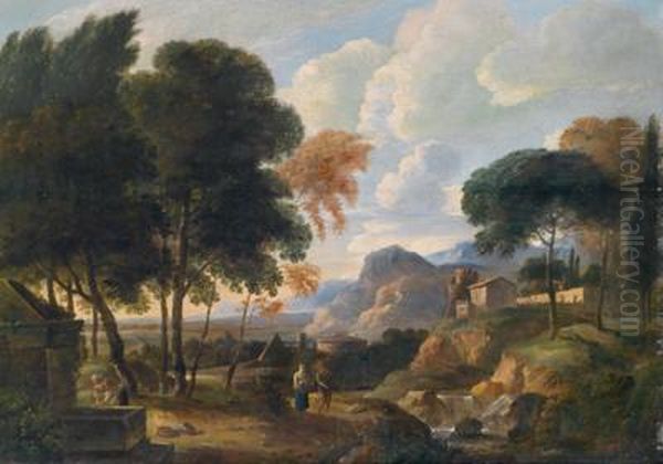 Sudliche Landschaft Mit Einer Klosteranlage Und Landleuten An Einem Brunnen Oil Painting by Jan Frans Van Bloemen (Orizzonte)