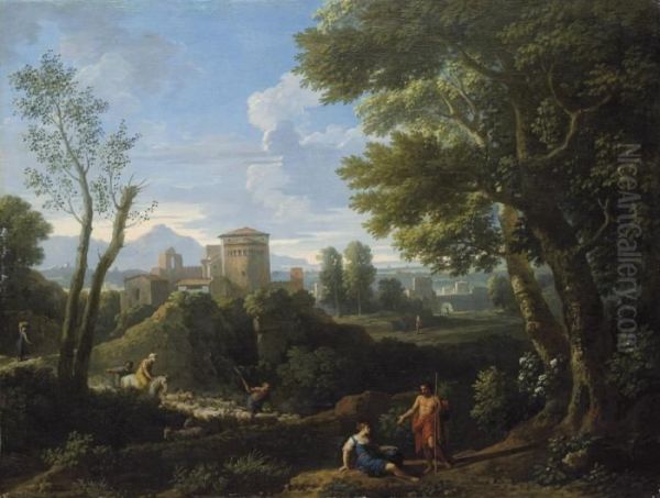 An Extensive Classical Landscape
 With Shepherds In The Foreground And A Fortified Town Beyond Oil Painting by Jan Frans Van Bloemen (Orizzonte)