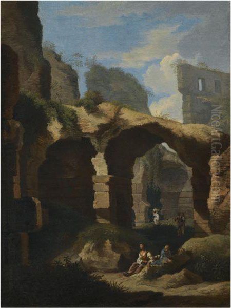 A Landscape With Architectural Ruins And Figures Oil Painting by Jan Frans Van Bloemen (Orizzonte)