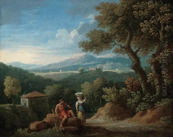 An Extensive Wooded Landscape 
With A Shepherd And A Washerwoman Conversing, A Cottage Beyond Oil Painting by Jan Frans Van Bloemen (Orizzonte)