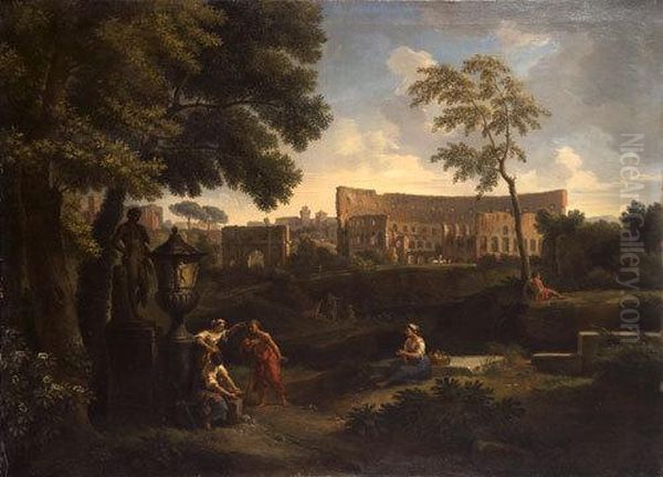 Veduta Del Colosseo E Dell'arco 
Di Costantino Con Astanti In Costume Classico In Primo Piano Oil Painting by Jan Frans Van Bloemen (Orizzonte)