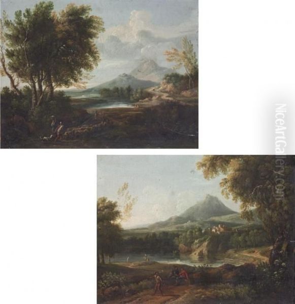 An Extensive River Landscape 
With A Shepherd And His Flock, Other Figures On A Path And A Mountain 
Range Beyond; And An Extensive Lake Landscape With Figures Resting On 
The Bank, A Town And Mountains Beyond Oil Painting by Jan Frans Van Bloemen (Orizzonte)