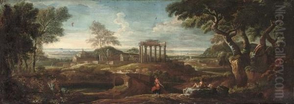 An Extensive Italianate Landscape With Figures Conversing By A Track Oil Painting by Jan Frans Van Bloemen (Orizzonte)