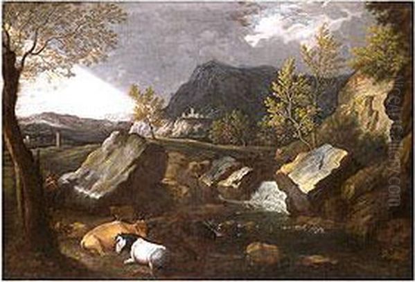 Landschaft Mit Wasserfall, Tieren Und Burgberg In Gewitterstimmung Oil Painting by Jan Frans Van Bloemen (Orizzonte)