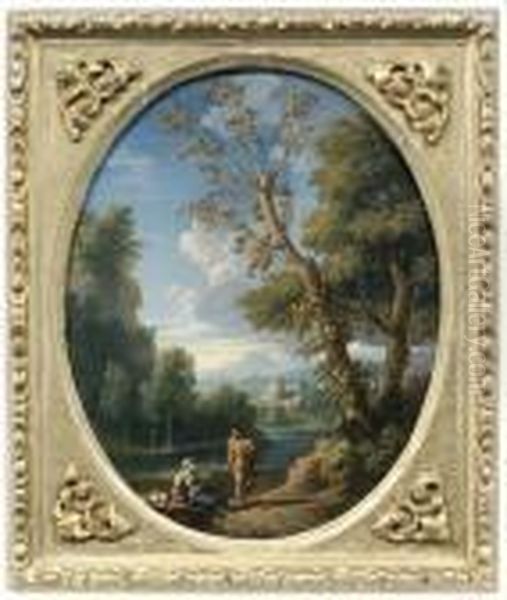 Klassische Landschaft Mit Einer Frau Und Einem Mann An Einem Flusufer Oil Painting by Jan Frans Van Bloemen (Orizzonte)