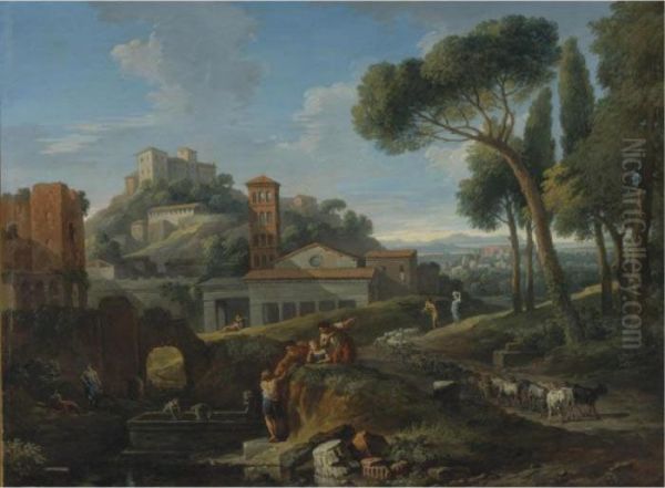 Landscape With The Arch Of Janus And San Giorgio Al Velabro Oil Painting by Jan Frans Van Bloemen (Orizzonte)