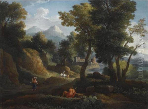 An Italianate Wooded Mountainous
 Landscape With A Figure Resting Inthe Foreground, Other Figures On A 
Path Near A River, A View Of Aruined Castle Beyond Oil Painting by Jan Frans Van Bloemen (Orizzonte)