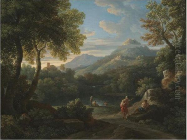 An Italianate Landscape With Figures Conversing Before A Lake,mountains Beyond Oil Painting by Jan Frans Van Bloemen (Orizzonte)