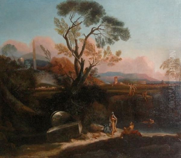 Paesaggio Laziale Con Figure Al Bagno Oil Painting by Jan Frans Van Bloemen (Orizzonte)