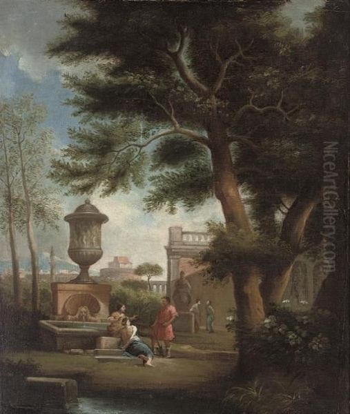 A Classical Landscape With Figures Conversing By A Fountain Oil Painting by Jan Frans Van Bloemen (Orizzonte)