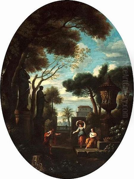 Figures In A Garden In A Classical Landscape;also A Companion Landscape (a Pair) Oil Painting by Jan Frans Van Bloemen (Orizzonte)