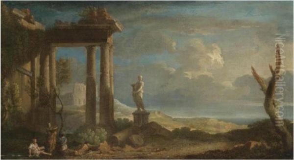 An Extensive Landscape With 
Figures Seated Beneath A Ruined Classical Temple, A Capriccio View Of 
The Colosseum And The Ocean Beyond Oil Painting by Jan Frans Van Bloemen (Orizzonte)