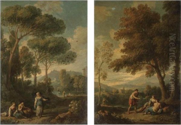 A Pair Of Views Of The Roman Campagna With Figures Conversing Oil Painting by Jan Frans Van Bloemen (Orizzonte)