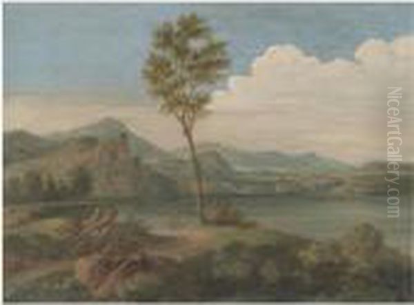 An Arcadian Landscape With Two 
Figures Resting In The Foreground, Figures Boating In A River Beyond Oil Painting by Jan Frans Van Bloemen (Orizzonte)