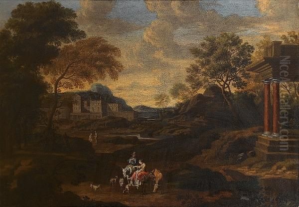 An Extensive Landscape With Travellers On A Country Path Beside Ruins Oil Painting by Jan Frans Van Bloemen (Orizzonte)