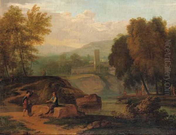 An Italianate Landscape With 
Figures Conversing On The Banks Of A River, Mountains Beyond Oil Painting by Jan Frans Van Bloemen (Orizzonte)