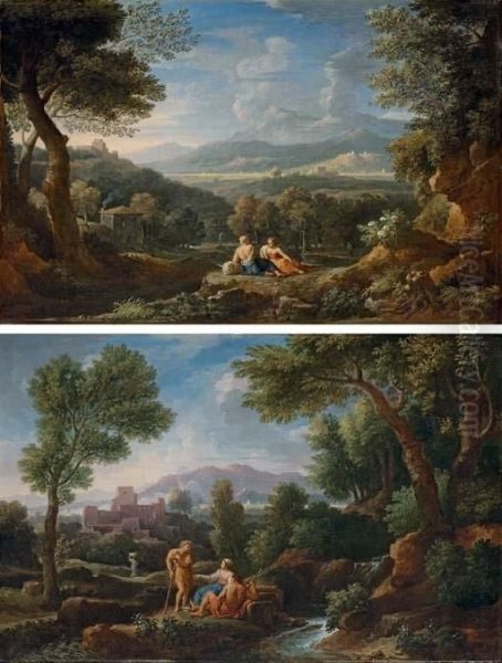 An Extensive Italianate 
Landscape With Herdsmen Conversing By A Stream; And An Extensive 
Italianate Landscape With Herdsmen Resting Near A Path Oil Painting by Jan Frans Van Bloemen (Orizzonte)