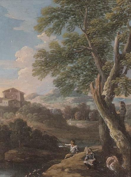 A Wooded River Landscape With Anglers By A Tree, A Villa Beyond Oil Painting by Jan Frans Van Bloemen (Orizzonte)