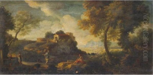 An Italianate Landscape With Women At A Well Oil Painting by Jan Frans Van Bloemen (Orizzonte)