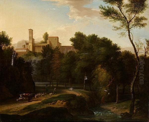 A Wooded Italianate Landscape 
With Shepherds Driving Their Livestock Beside A River In The Foreground,
 A Classical Villa On A Hill Beyond Oil Painting by Jan Frans Van Bloemen (Orizzonte)