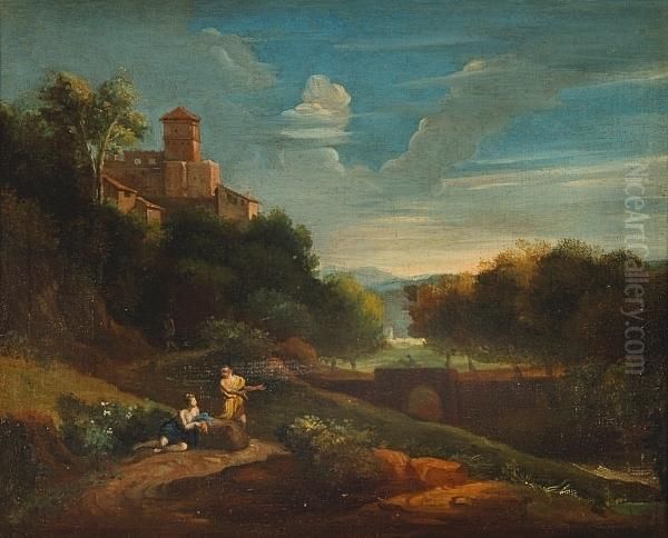 An Italianate Landscape With 
Figures Resting Beside A Country Path, A Hilltop Village Beyond Oil Painting by Jan Frans Van Bloemen (Orizzonte)