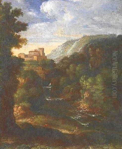 Southern Mountainous Landscape With Waterfalland Castle On A Bank Oil Painting by Jan Frans Van Bloemen (Orizzonte)