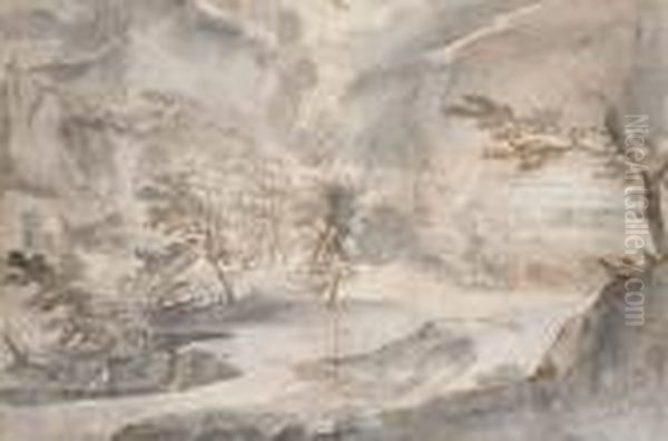 Paysage Avec Des Arbres, Un Village Et Une Montagne A L'arriere-plan Oil Painting by Jan Frans Van Bloemen (Orizzonte)