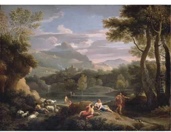 An Italianate Mountainous Landscape With Herdsmen Resting Oil Painting by Jan Frans Van Bloemen (Orizzonte)