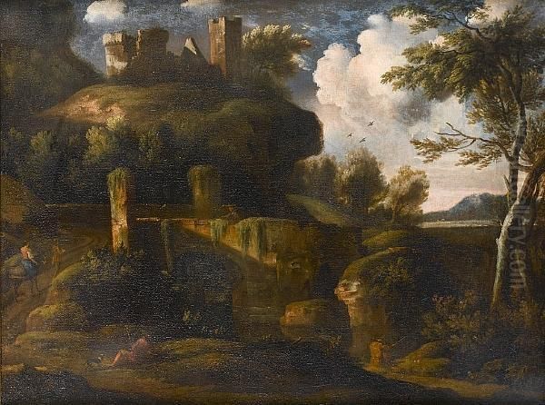 An Italianate Landscape With Travellers On A Bridge, A Hill-top Castle Beyond Oil Painting by Jan Frans Van Bloemen (Orizzonte)