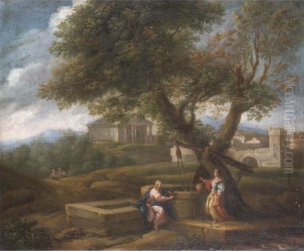 A Classical Landscape With Christ And The Woman Of Samaria Oil Painting by Jan Frans Van Bloemen (Orizzonte)