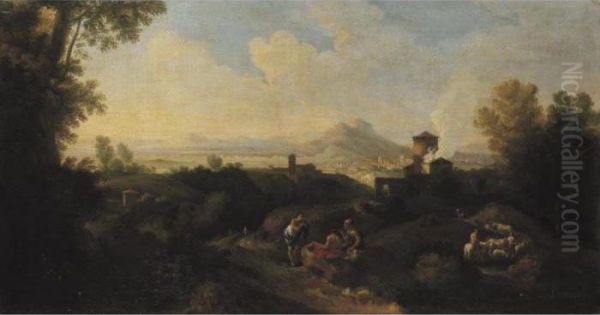 Italian Landscape With Figures Oil Painting by Jan Frans Van Bloemen (Orizzonte)