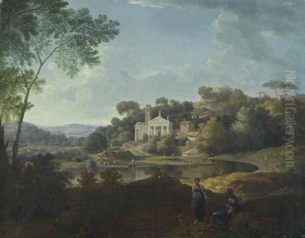 Landscape With Temple And Campanile Near A Lake. Oil Painting by Jan Frans Van Bloemen (Orizzonte)