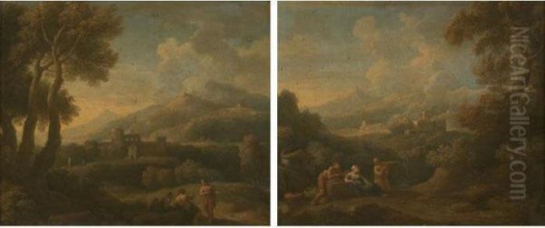 Peasants In A Landscape; A Traveller Talking To Two Peasants In A Landscape: A Pair Oil Painting by Jan Frans Van Bloemen (Orizzonte)