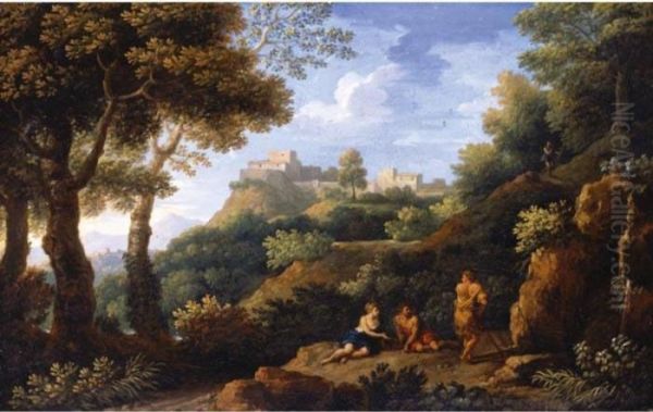 A Classical Landscape With Figures Reclining In The Foreground, A Hill-top Town Beyond Oil Painting by Jan Frans Van Bloemen (Orizzonte)