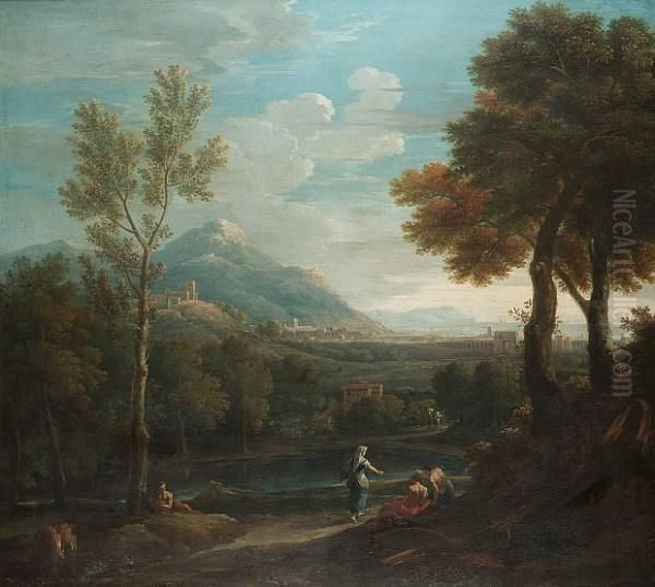 An Italianate Landscape With 
Classical Figures Beside A Lake In The Foreground, A Roman Coastal Town 
And Mountains Beyond Oil Painting by Jan Frans Van Bloemen (Orizzonte)