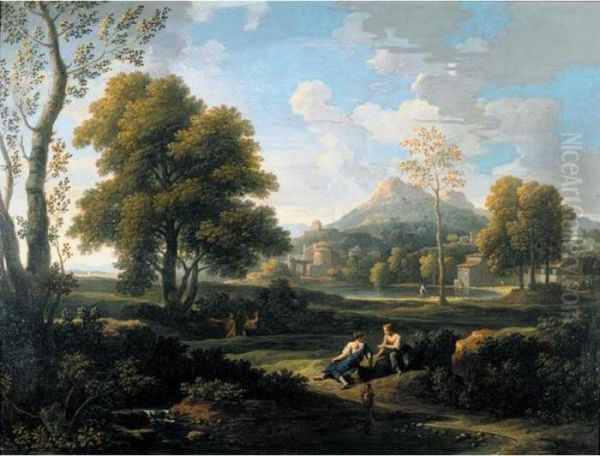 Classical Landscape With Resting Figures And A Lakeside Town Beyond Oil Painting by Jan Frans Van Bloemen (Orizzonte)