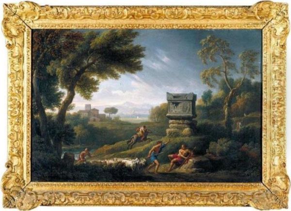 A Classical Landscape With Figures And Sheep Near A Tomb, A Rainstorm Receding Oil Painting by Jan Frans Van Bloemen (Orizzonte)