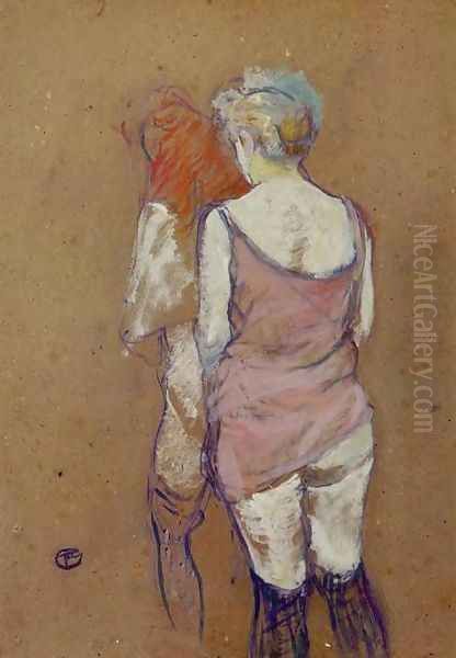 Two Half Naked Women Seen From Behind In The Rue Des Moulins Brothel Oil Painting by Henri De Toulouse-Lautrec