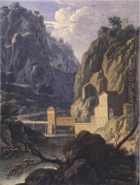 A Rocky Landscape With A Bridge And Buildings By A River Oil Painting by Jan Frans Van Bloemen (Orizzonte)