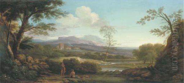 An Extensive Italianate Landscape With Shepherds By A River And Avillage Beyond Oil Painting by Jan Frans Van Bloemen (Orizzonte)