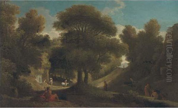 A Wooded Landscape With Figures Resting And Travellers On Atrack Oil Painting by Jan Frans Van Bloemen (Orizzonte)