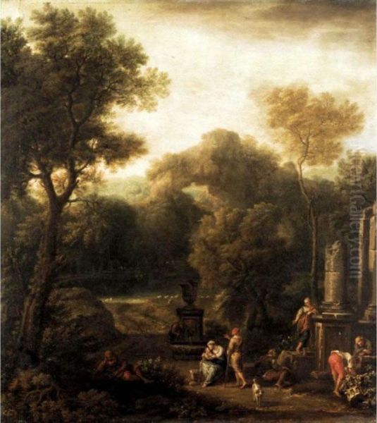 Italianate Landscape With Figures Beside Ruins Oil Painting by Jan Frans Van Bloemen (Orizzonte)