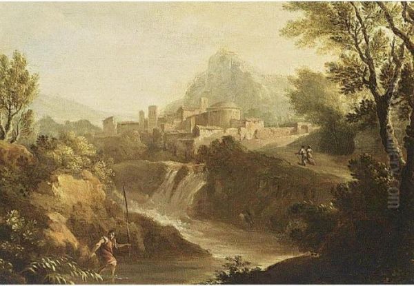 Bloemen An Italianate Landscape With A Waterfall And A Village In The Background Oil Painting by Jan Frans Van Bloemen (Orizzonte)