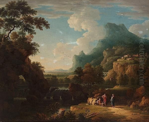 An Italianate Landscape With Figures Beside A Waterfall, A Hilltop Village Beyond Oil Painting by Jan Frans Van Bloemen (Orizzonte)