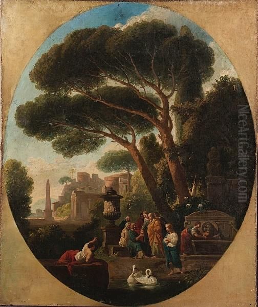 Philosphers Disputing Before A 
Roman Villa; And A Shepherd Conversing With Figures, With Goats In A 
Classical Landscape Oil Painting by Jan Frans Van Bloemen (Orizzonte)