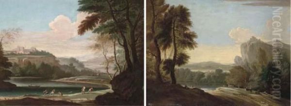 An Extensive River Landscape With Fishermen Hauling In Nets Oil Painting by Jan Frans Van Bloemen (Orizzonte)